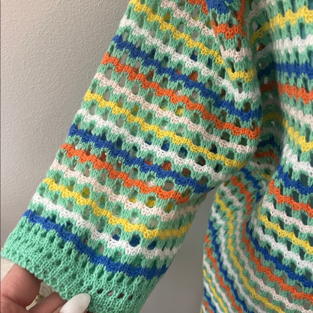 Striped Green Pastel Short-Sleeve Crochet Knit Sweater - Picture 8 of 9